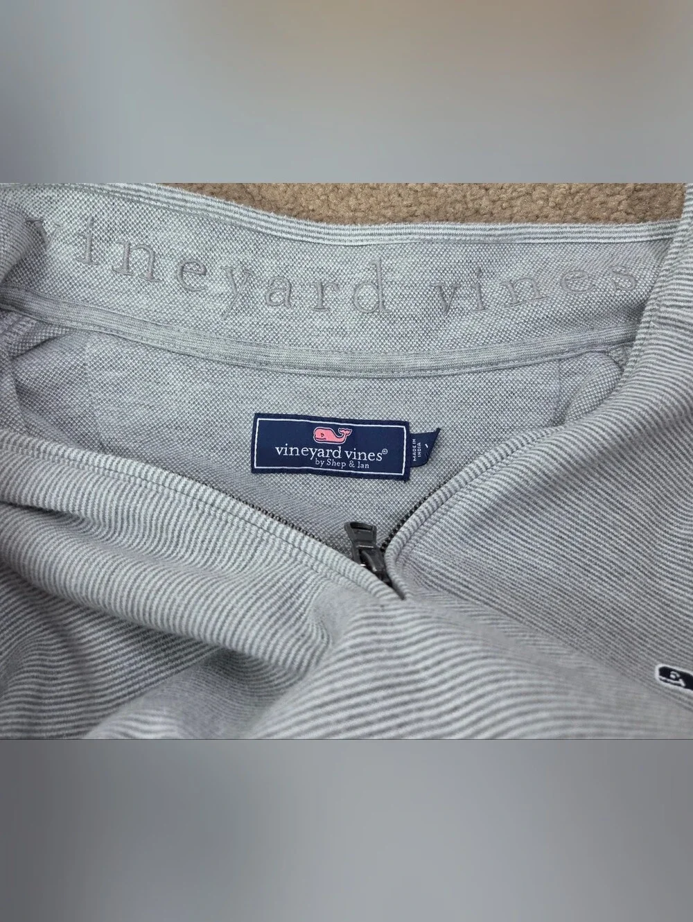 Vineyard Vines Mens Saltwater Stripe 1/4 Zip Pullover Grey/White Striped Sz XL